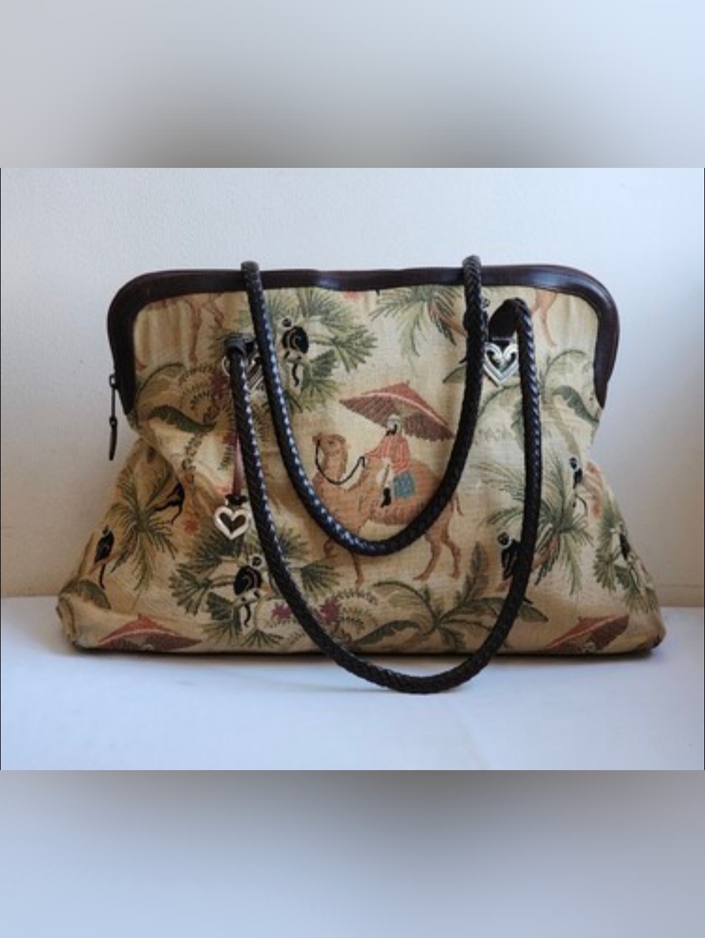 Brighton Tapestry Camel Scene Tote with Black Braided Handles